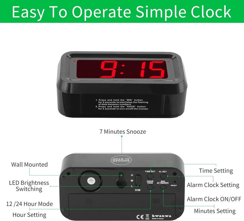 KWANWA Alarm Clock  LED Digital Clock  Small Wall Clock  Battery Operated  Adjustable 3-Level Led Brightness  Dim Night Mode  12/24Hr  Cordless  Constantly 1.2'' Digits Display for Bedroom/Travel Easy to Set - Image 5